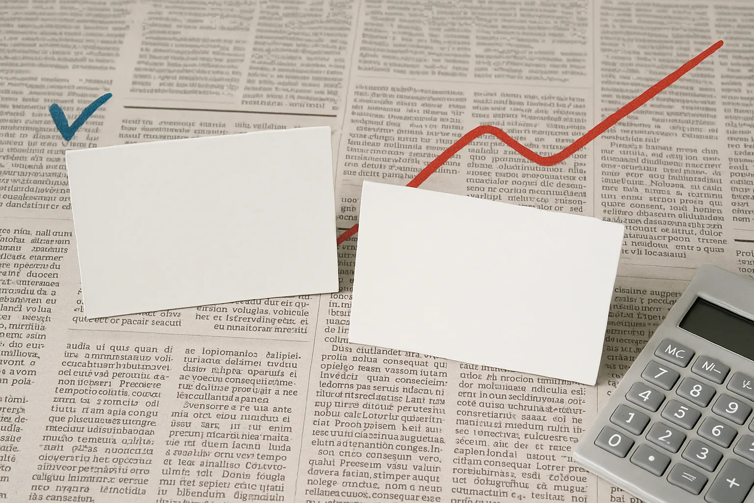 Leere Zinstabellen mit einer roten Inflationslinie und einem Taschenrechner auf Zeitungspapier