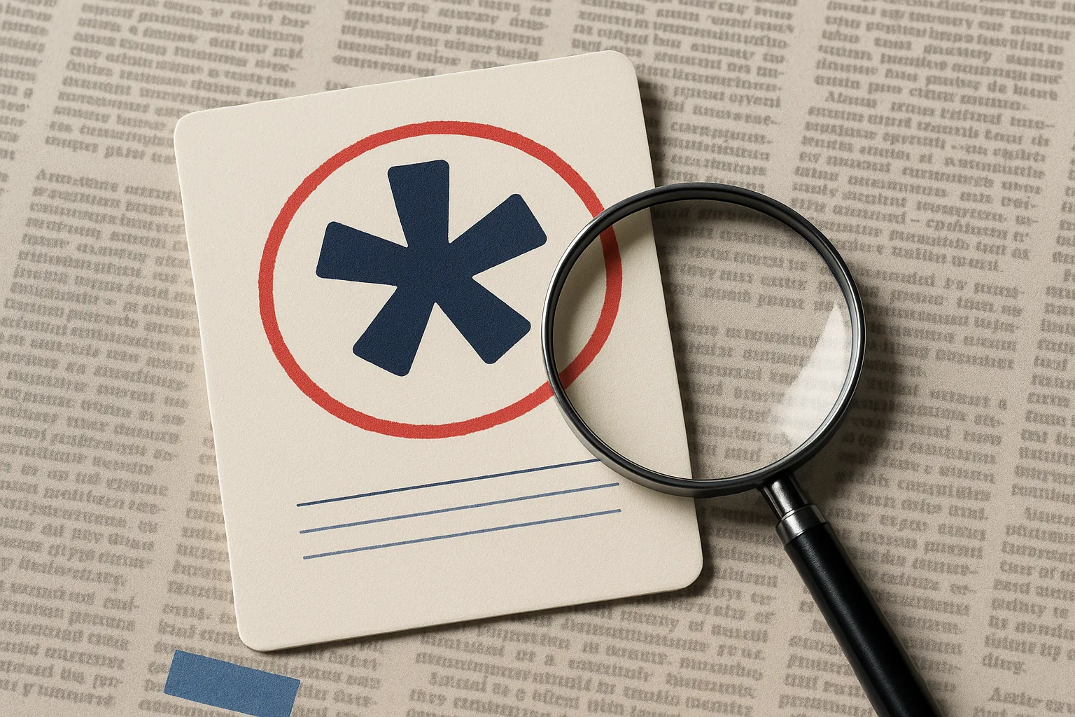 Leere Zinskarte mit großem Sternchen unter einer Lupe, Zeitungspapier-Hintergrund